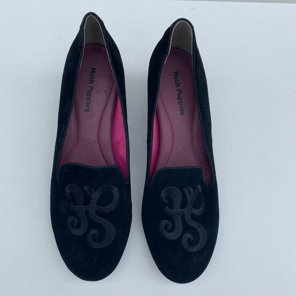 Hush Puppies Black Monogram Smoking Slippers Heels Pumps Leather Slip On 11 43